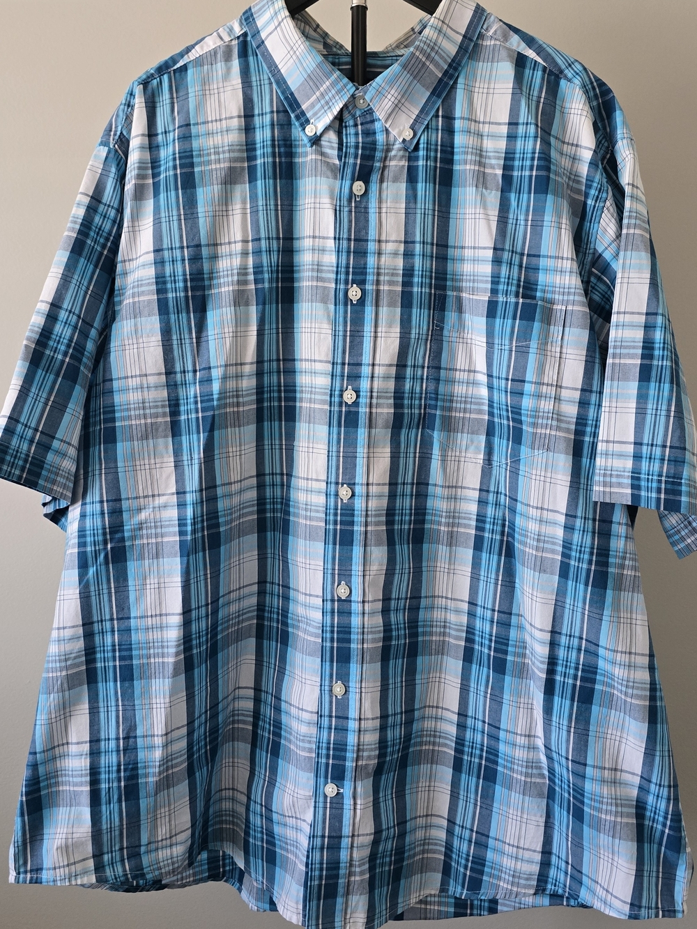 Short-Sleeve Plaid Button-Down Shirt - Blue & White 2XL
